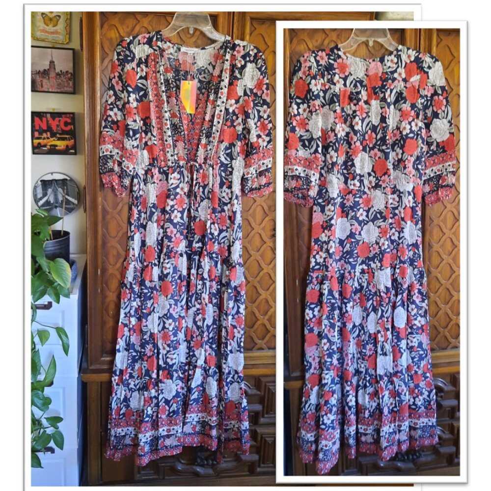 V Neck Tie-Waist Floral Bohemian Maxi Dress Flowy Ruffle w/Slit NWT! - Size S - Picture 16 of 16